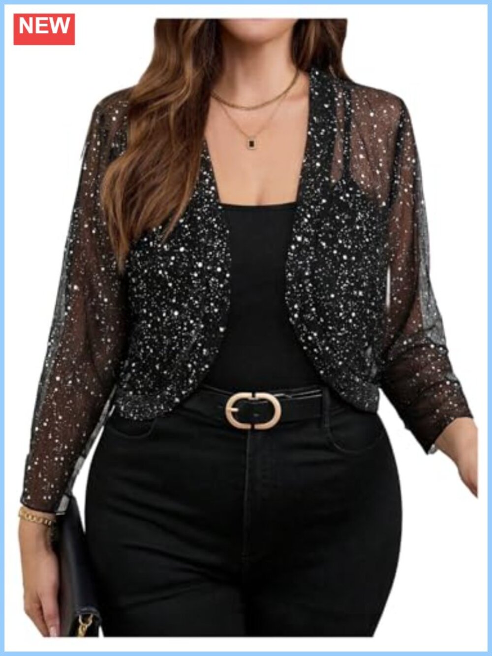 Plus Size Sequin Sheer Bolero Shrug Open Front Long Sleeve Party Cropped
